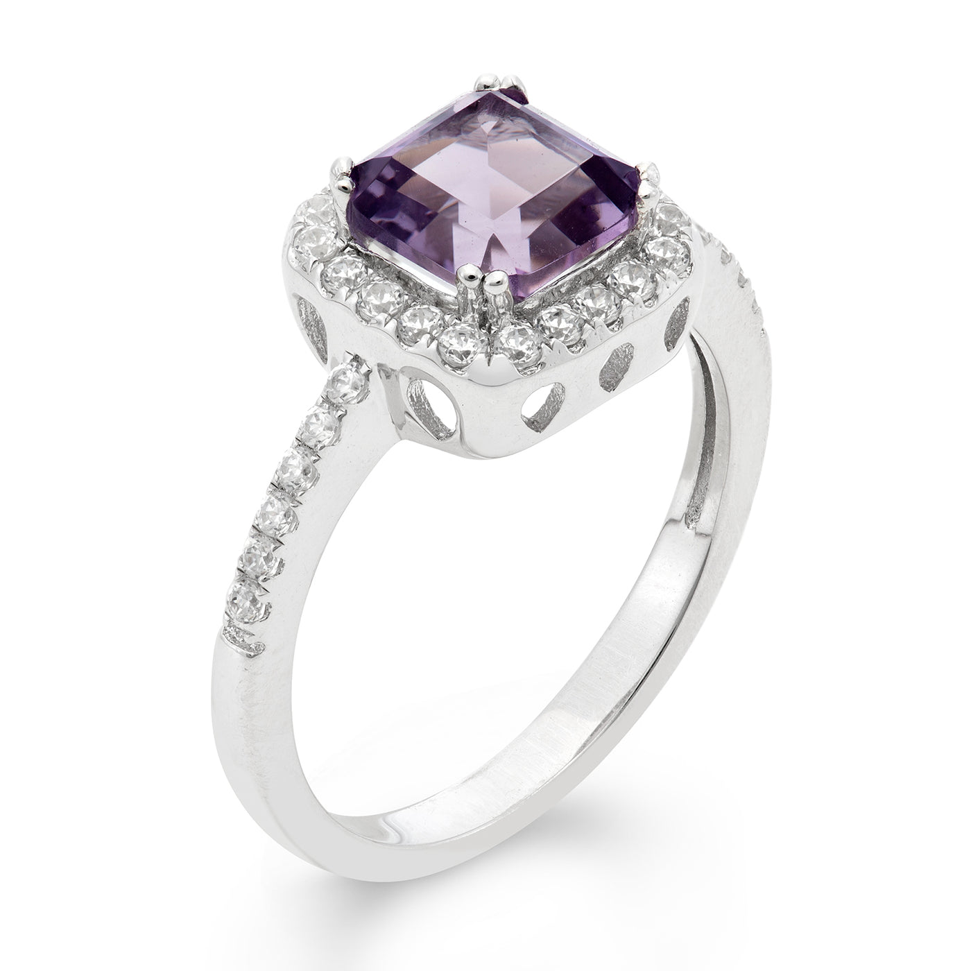 Platinum Plated Sterling Silver Facet Cut Amethyst Pave CZ Ring