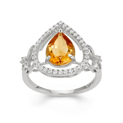 Platinum Plated Sterling Silver Open Teardrop Ring With 10 X 8 mm Faceted Citrine and Gallery Of Dalloz CZ