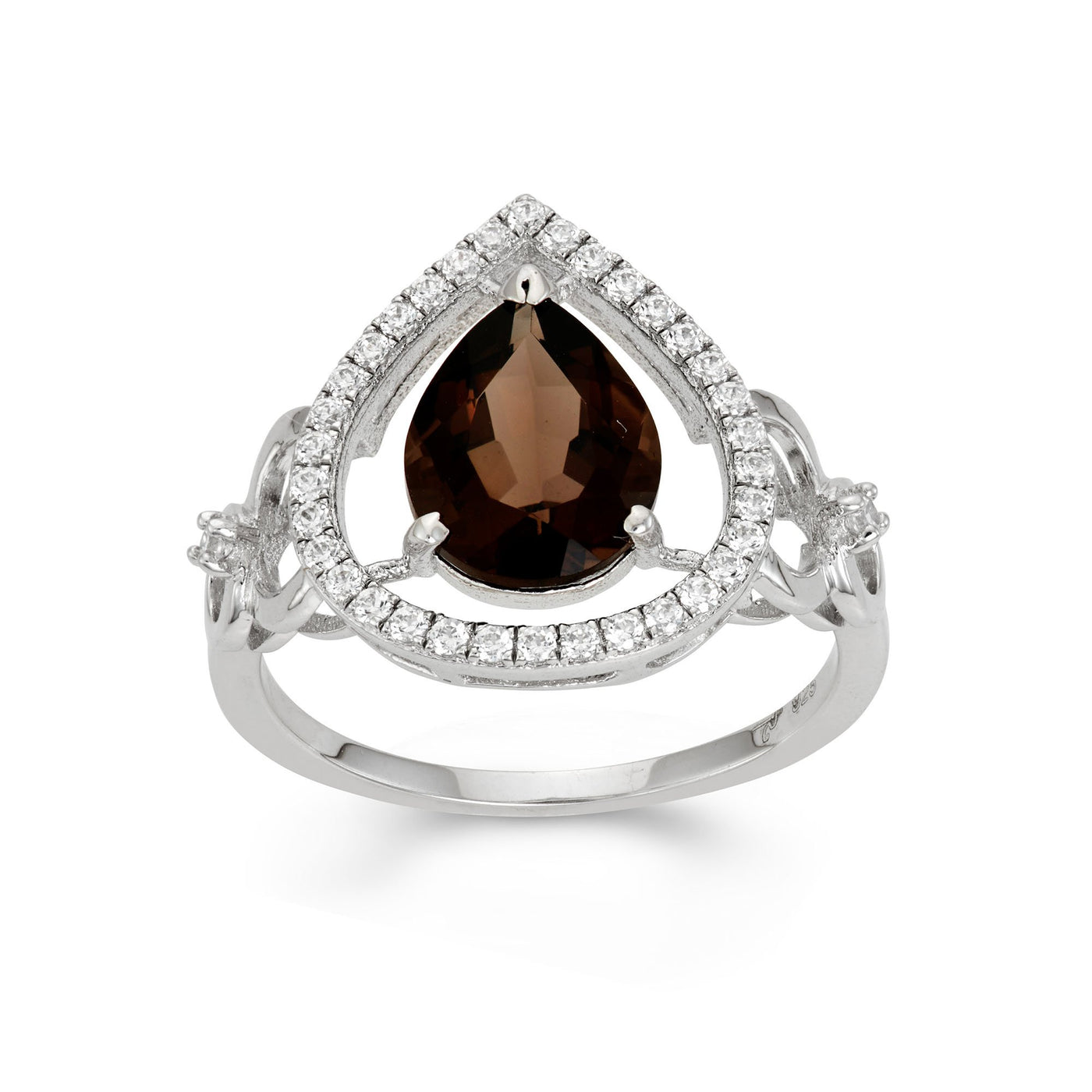 Platinum Plated Sterling Silver Open Teardrop Ring With 10 X 8 mm Faceted Smokey Topaz and Gallery Of Dalloz CZ