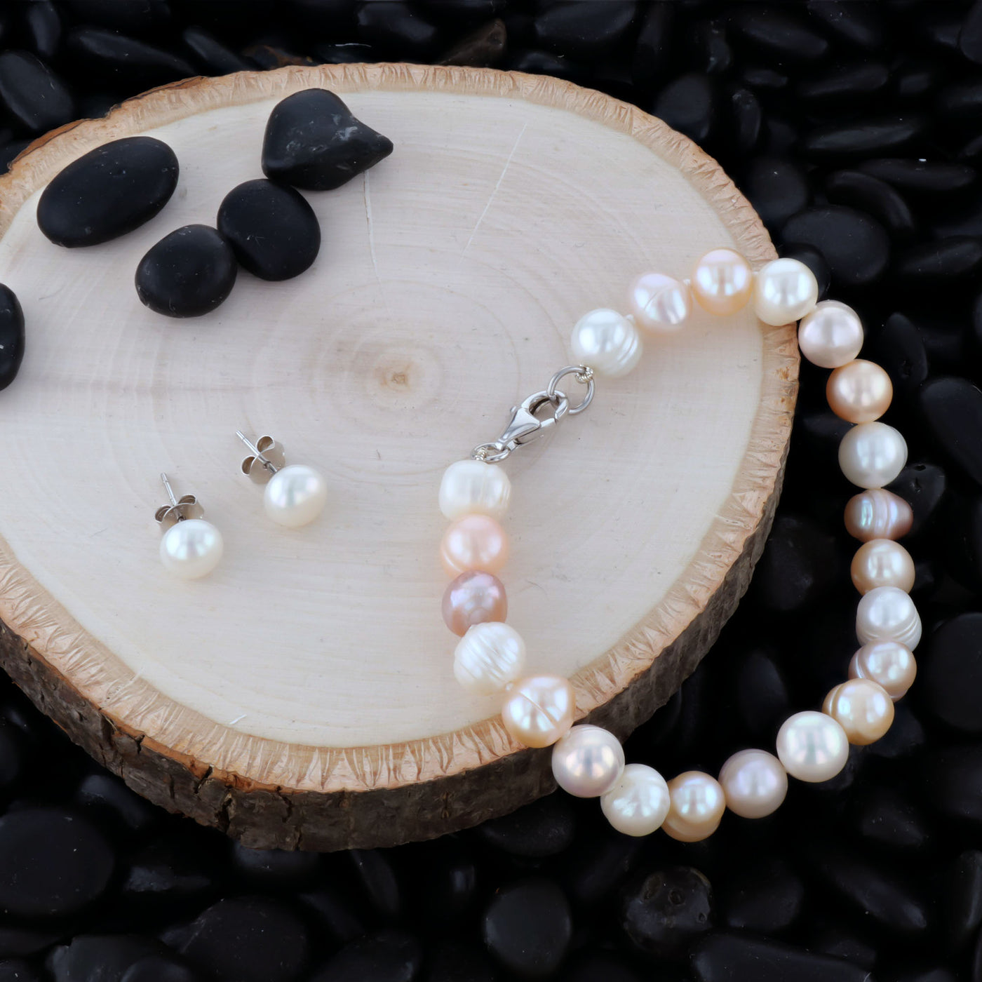 Three Piece Set: Multi Color Fresh Water Potato Pearl Necklace With Matching Bracelet And Earrings.