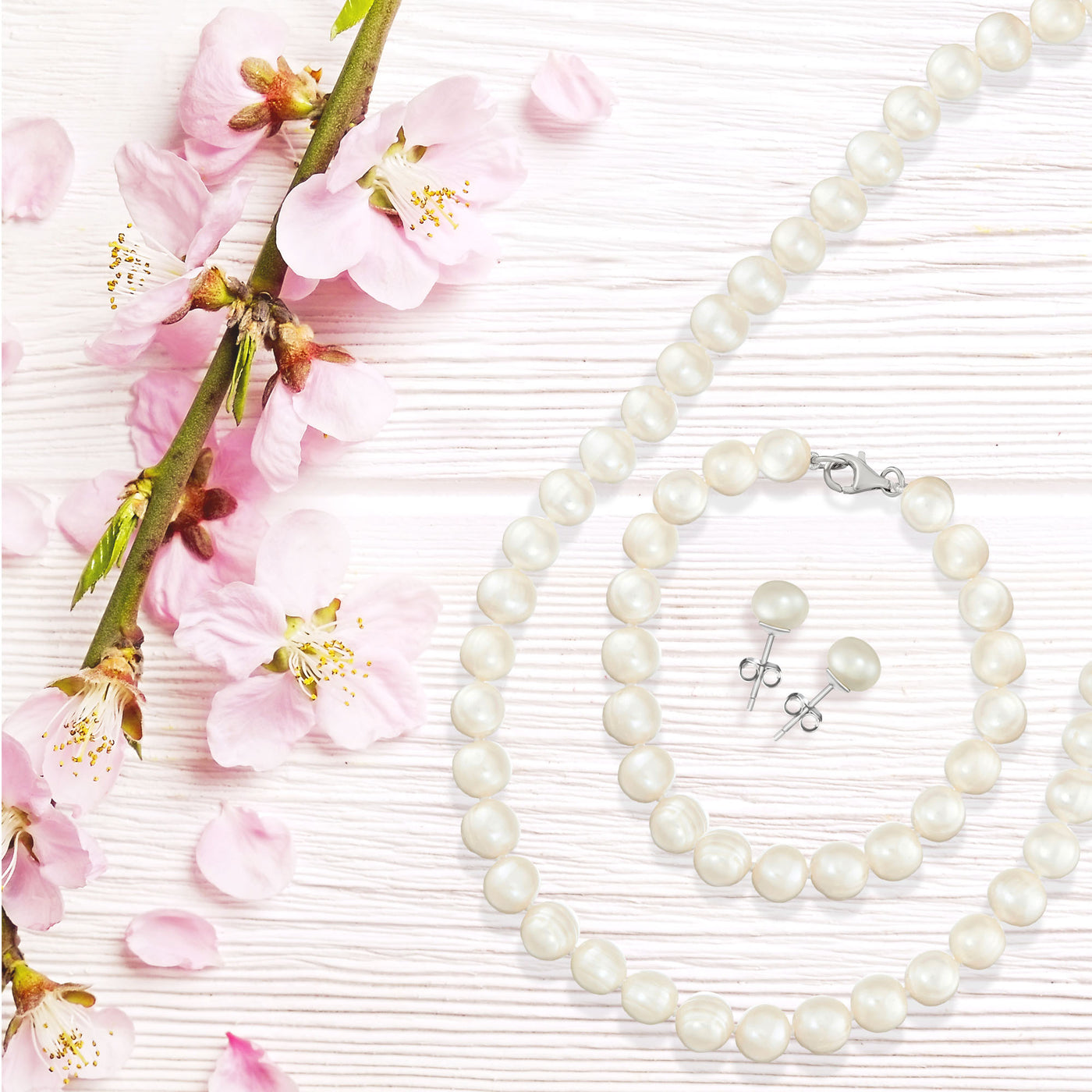 Three Piece Set: White Fresh Water Potato Pearl NecklaceWith Matching Bracelet And Earrings