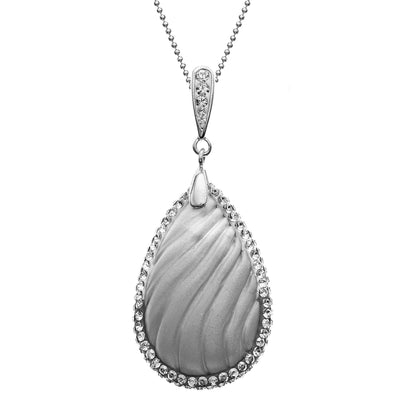 Sterling Silver Wavy Light Grey Grounded White Teardrop With Crystal Trim Crystal Pendant Necklace
