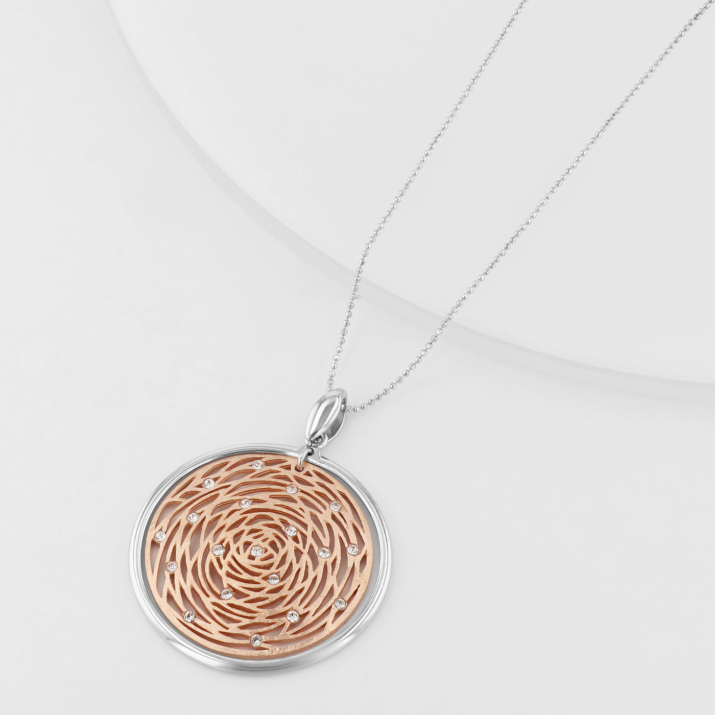 Rose Gold Plated Silver 30mm Inside Matte Finished Rose With White Crystal Accent And 35mm Outside White Polished Frame Pendant With Chain