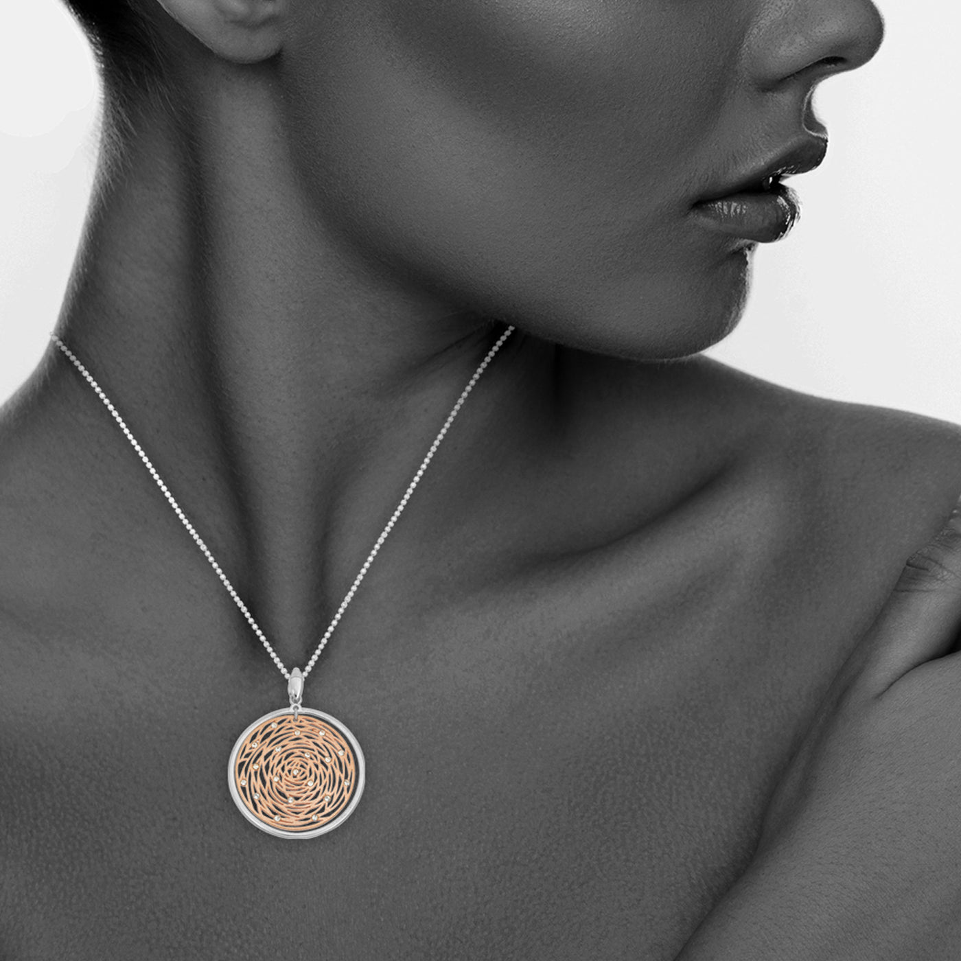 Rose Gold Plated Silver 30mm Inside Matte Finished Rose With White Crystal Accent And 35mm Outside White Polished Frame Pendant With Chain