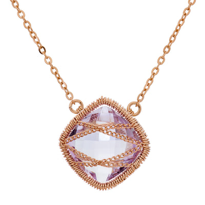 Rose Gold Plated Sterling Silver Hand Wrapped Squared Amethyst Stone Pendant Necklace