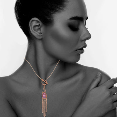 Rose Gold Plated Sterling Silver Hand Wrapped Drape Chain Toggle Hanging Teardrop Amethyst Stone Pendant Necklace