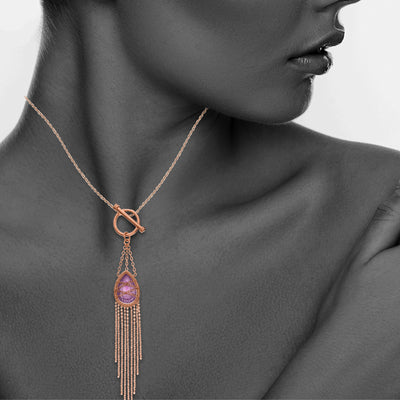 Rose Gold Plated Sterling Silver Hand Wrapped Drape Chain Toggle Hanging Teardrop Amethyst Stone Pendant Necklace
