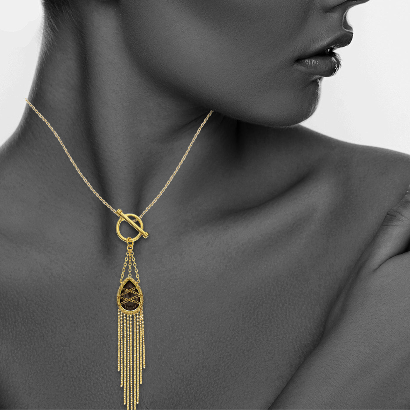 Gold Plated Sterling Silver Hand Wrapped Drape Chain Toggle Hanging Teardrop Smoky Quartz Stone Pendant Necklace