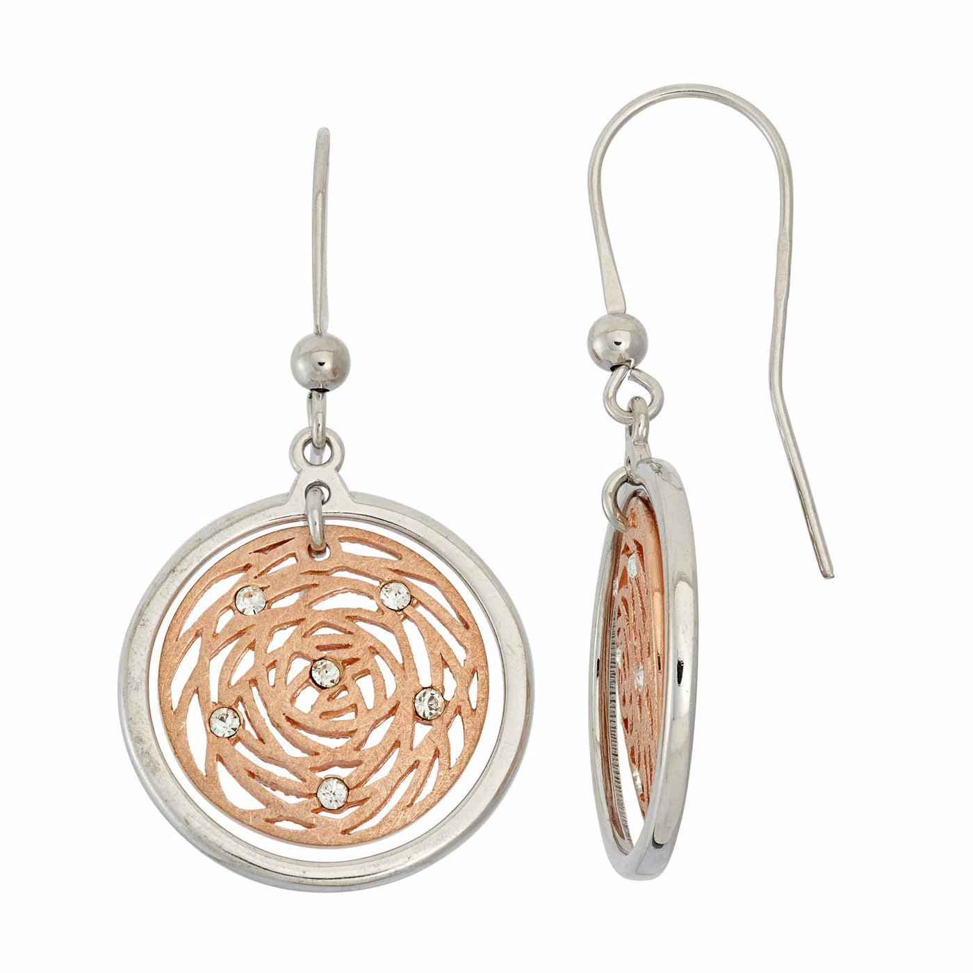 Rebecca Sloane Rose Gold Silver Circle Dangle Earring & Crystal