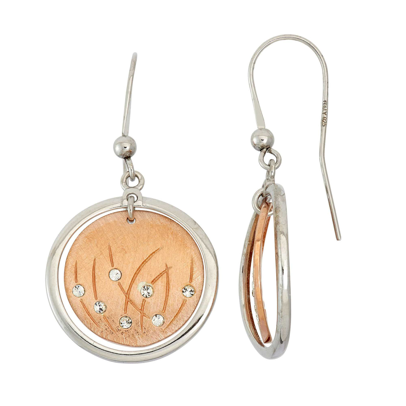 Rebecca Sloane Rose Gold Silver Grass Pattern Earring & Crystal