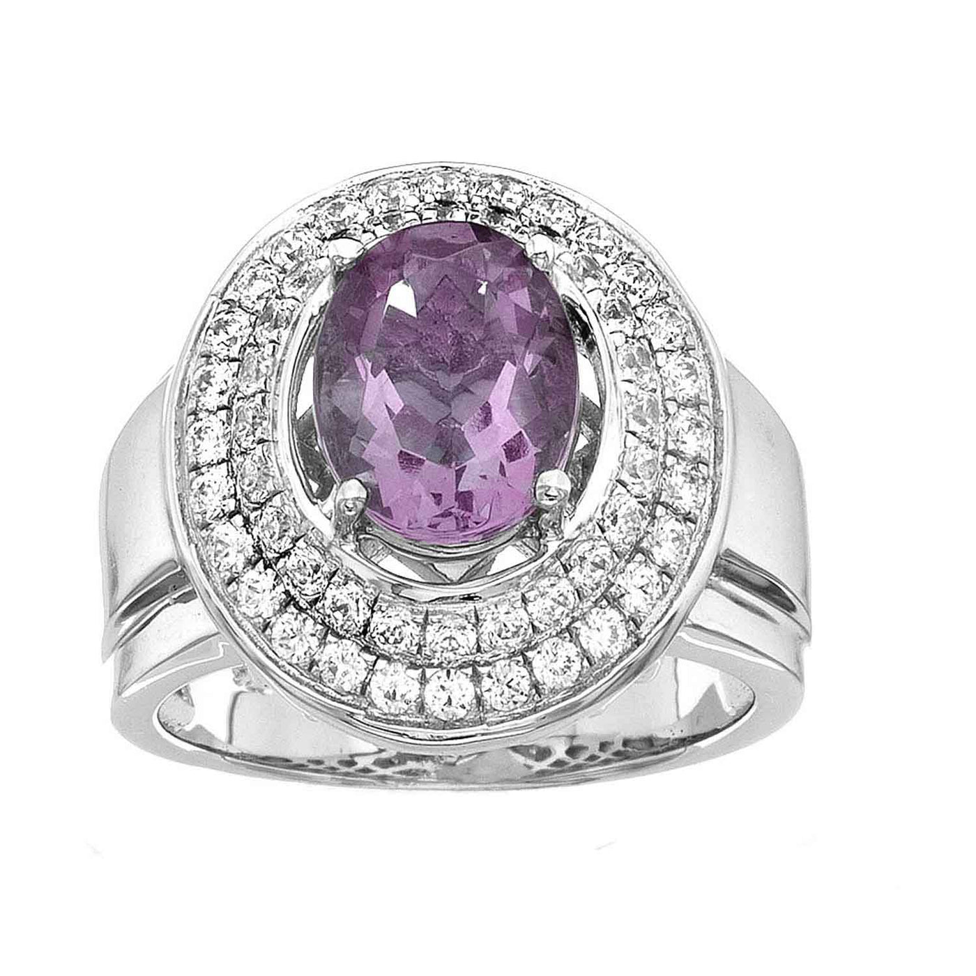 Rebecca Sloane Silver Oval Cut Amethyst Double Pave CZ Ring
