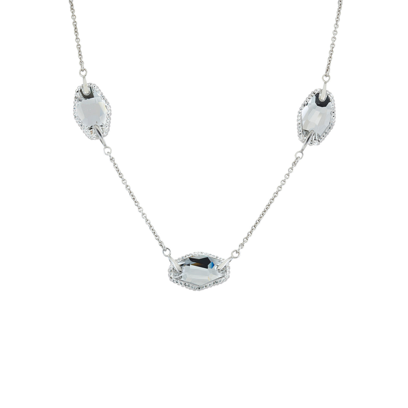 Sterling Silver 3 Stationed Clear Crystal With White Pave Crystal Necklace