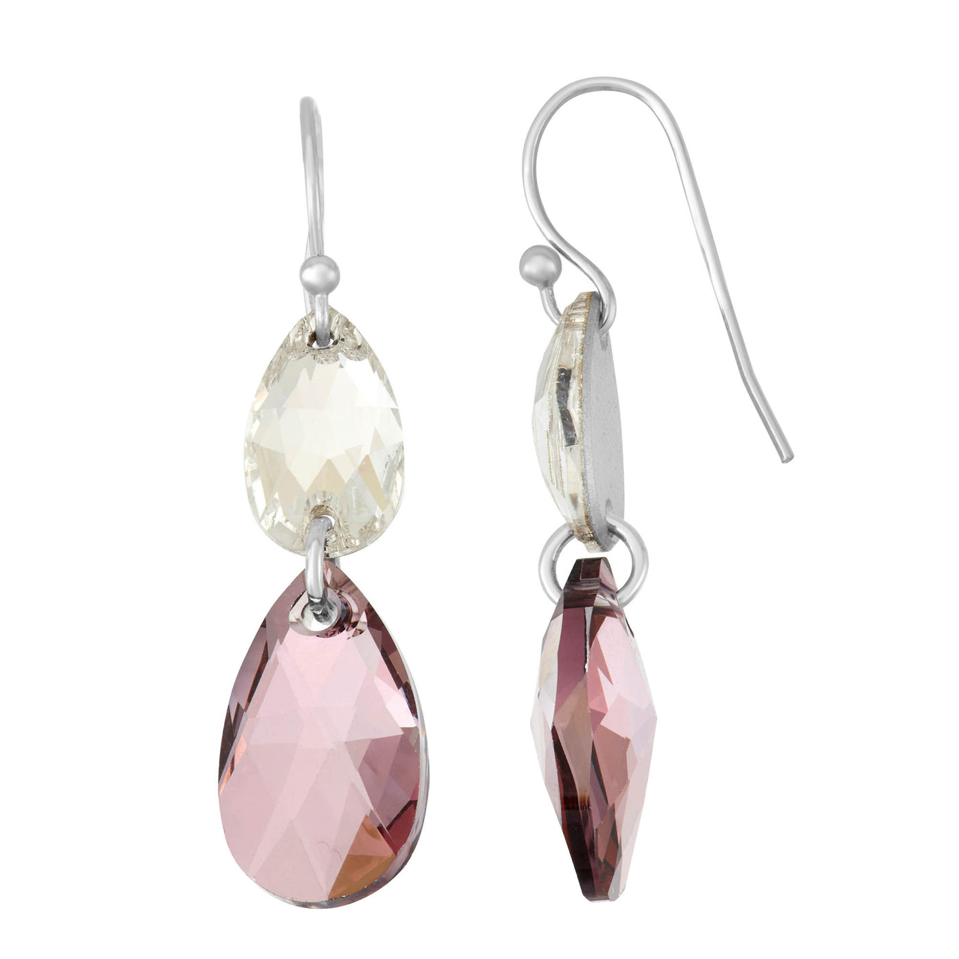 Rebecca Sloane Silver Duo Tear Drop Earring With Pink Crystals
