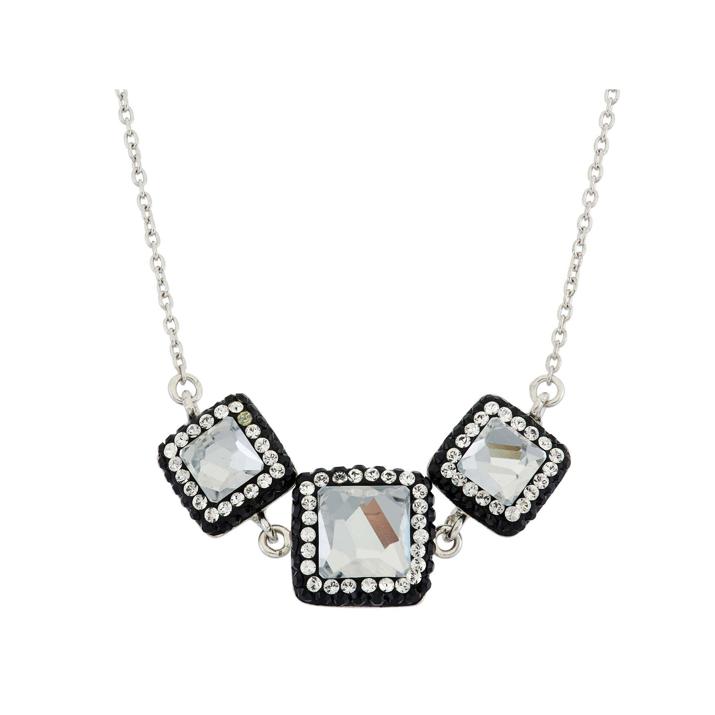 Sterling Silver Multiple Square Opaque Crystal With Black Pave Crystal Pendant Necklace