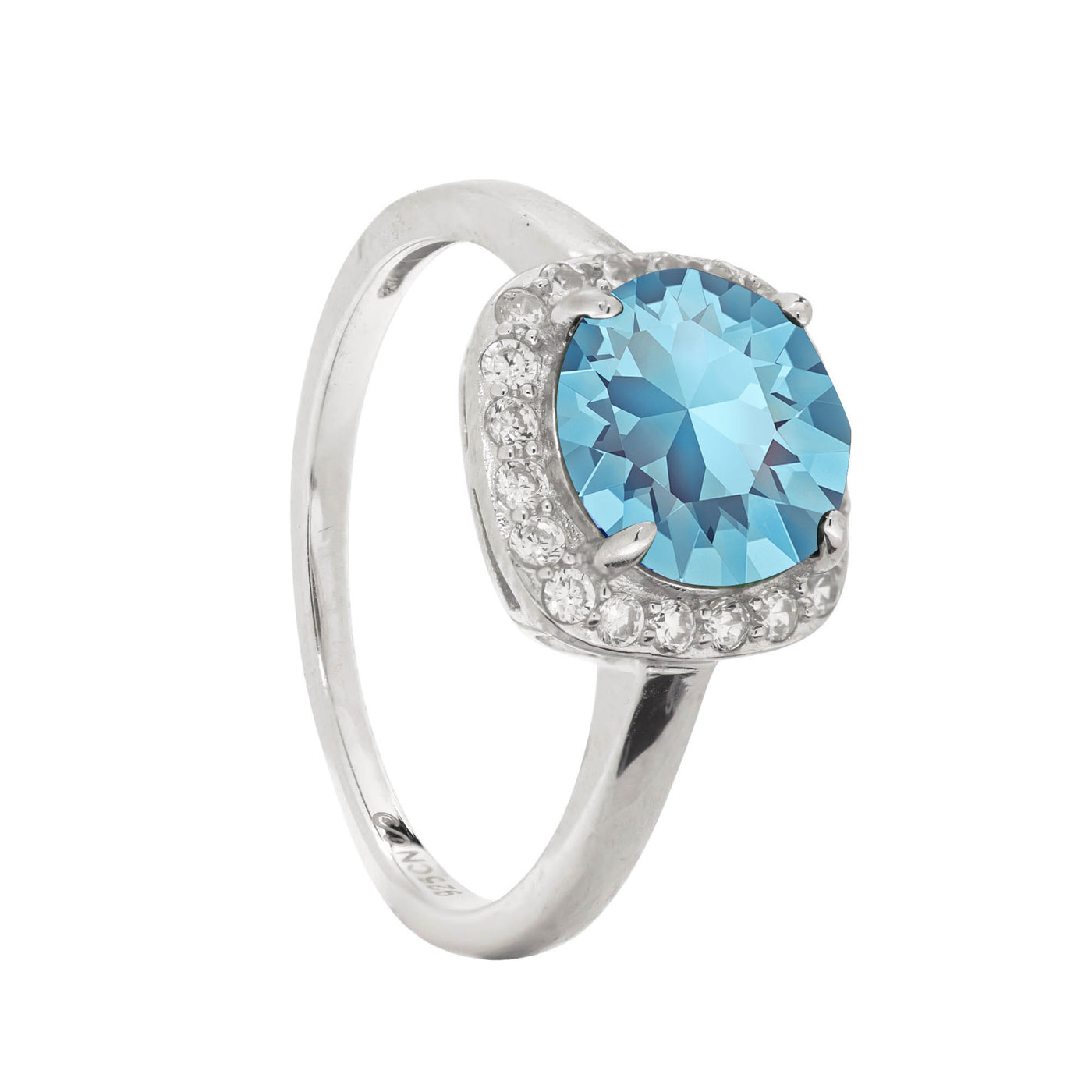 Rebecca Sloane Silver Pave Halo with Aqua Crystal Ring