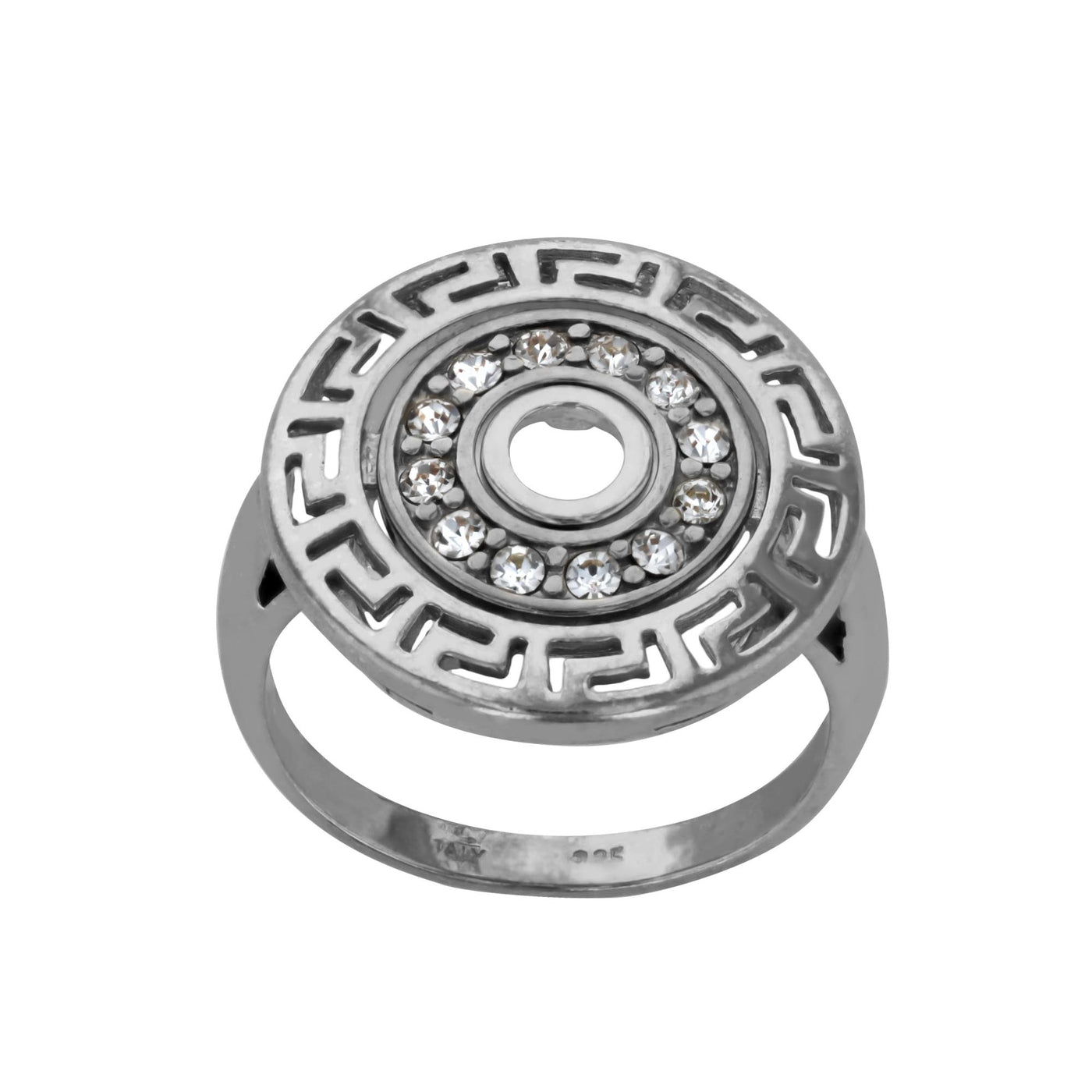 Rebecca Sloane Rhodium Plated Silver Greek Medallion with CZ Ring