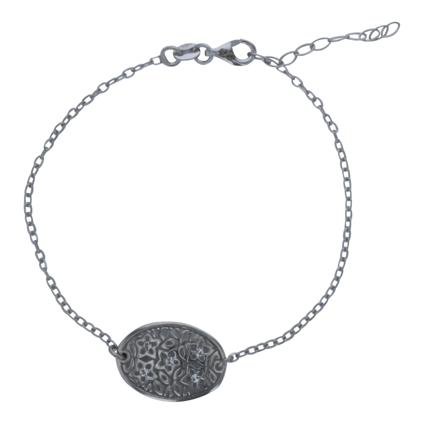 Rebecca Sloane Silver Oval Disc Flower Design and CZ Bracelet