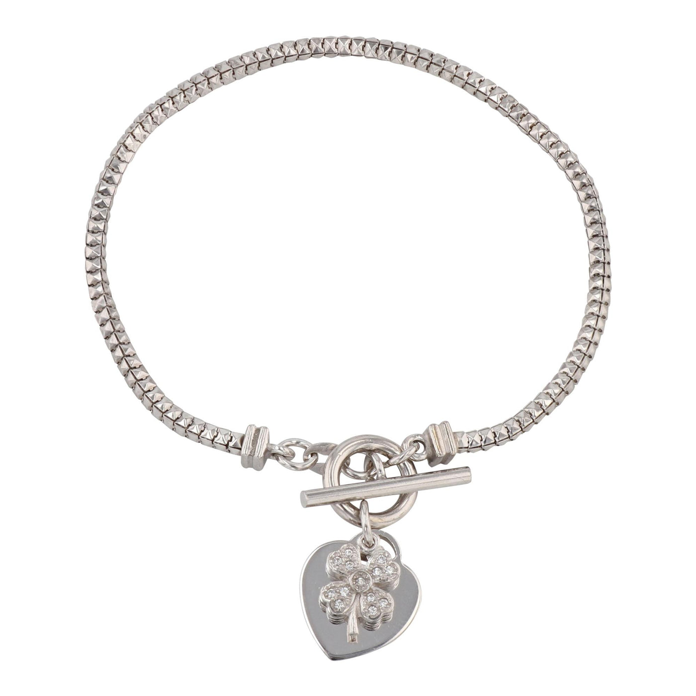 Rebecca Sloane Silver Popcorn Chain Clover Charm CZ Bracelet
