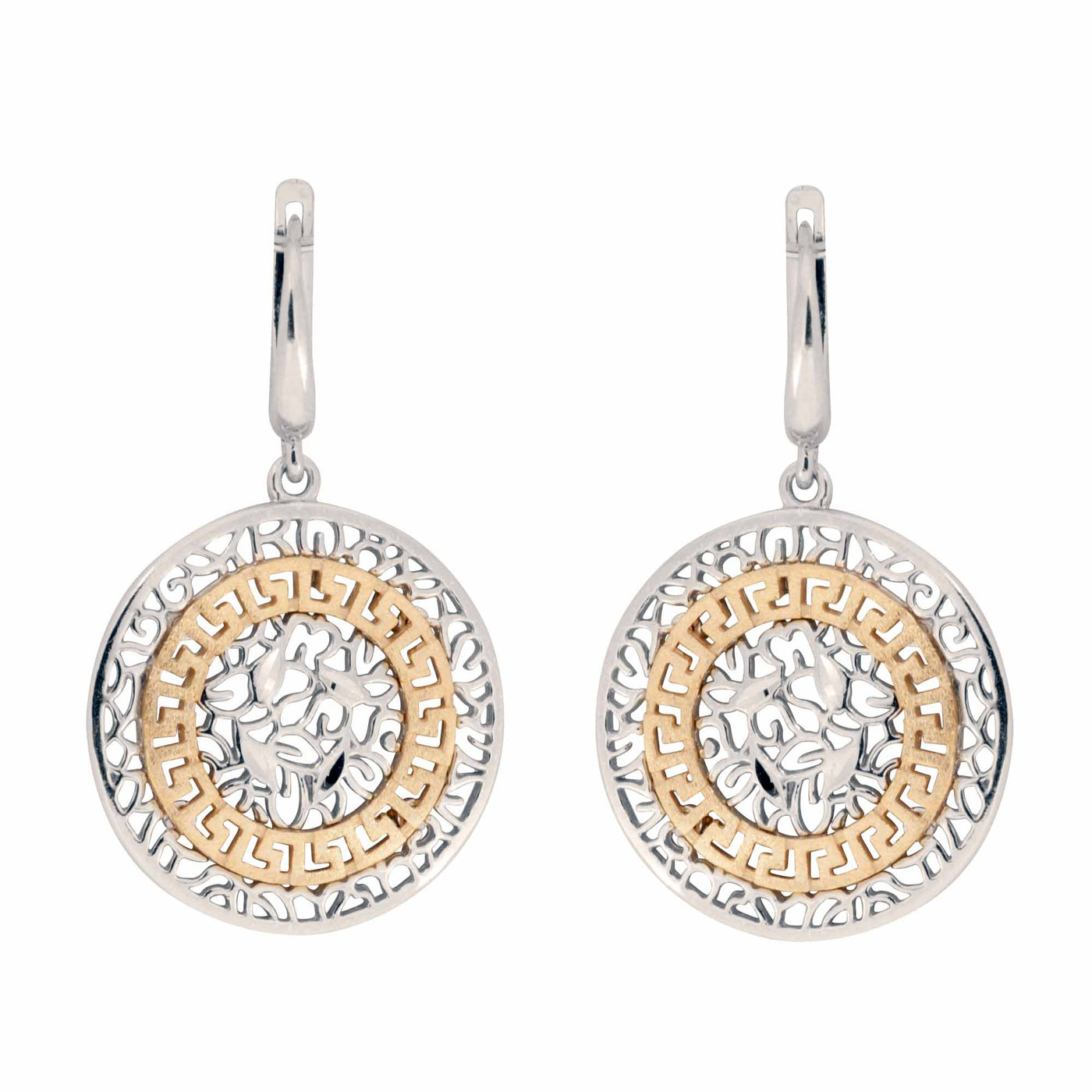 Rebecca Sloane Gold and Silver Greek Key Medallion Earrings