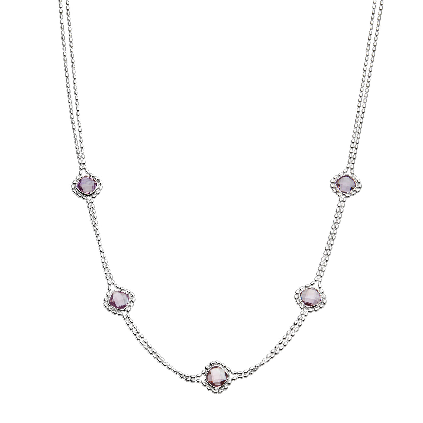 Rebecca Sloane Silver Beads Necklace With Amethyst Square Stones