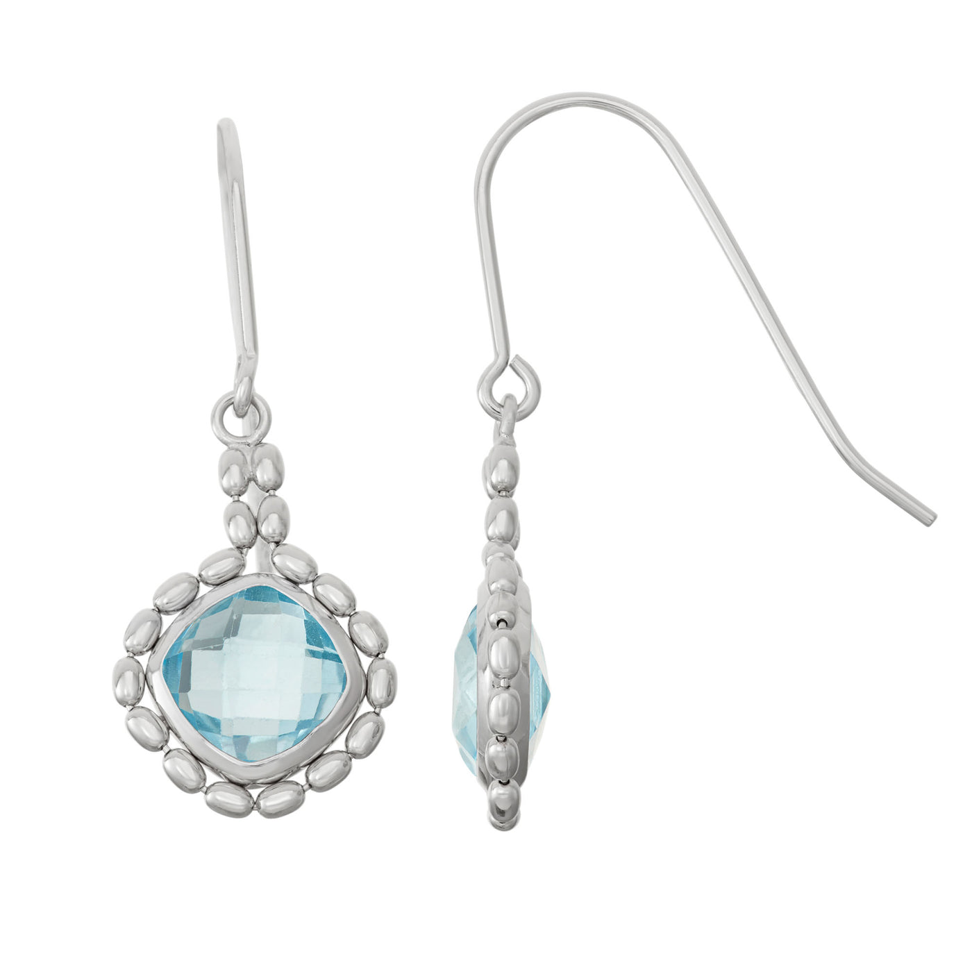Rebecca Sloane Silver Beads Earring With Blue Topaz Square Stone
