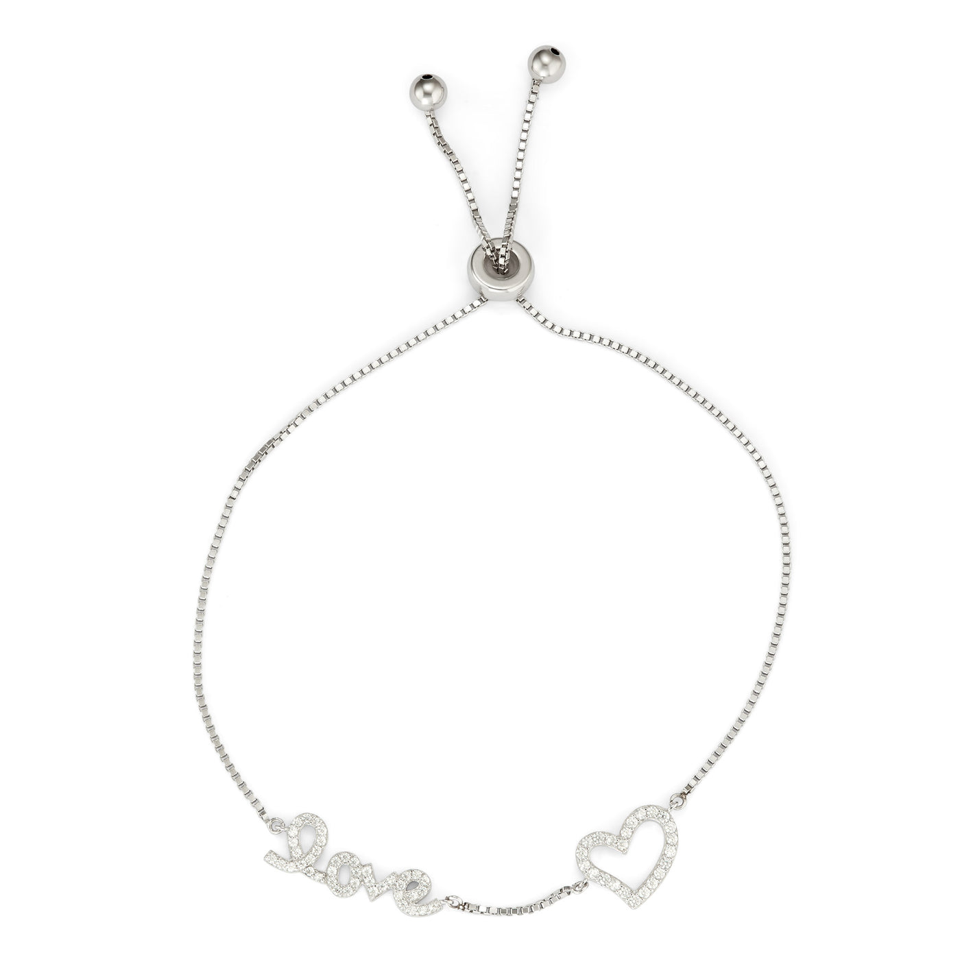 Rebecca Sloane Silver Box Chain CZ "Love" Drawstring Bracelet