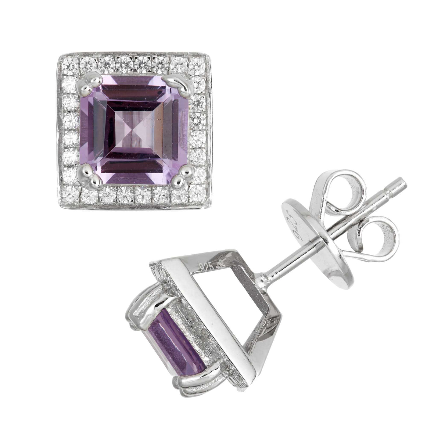 Rebecca Sloane Silver Earring With Square Amethyst And Dalloz CZ