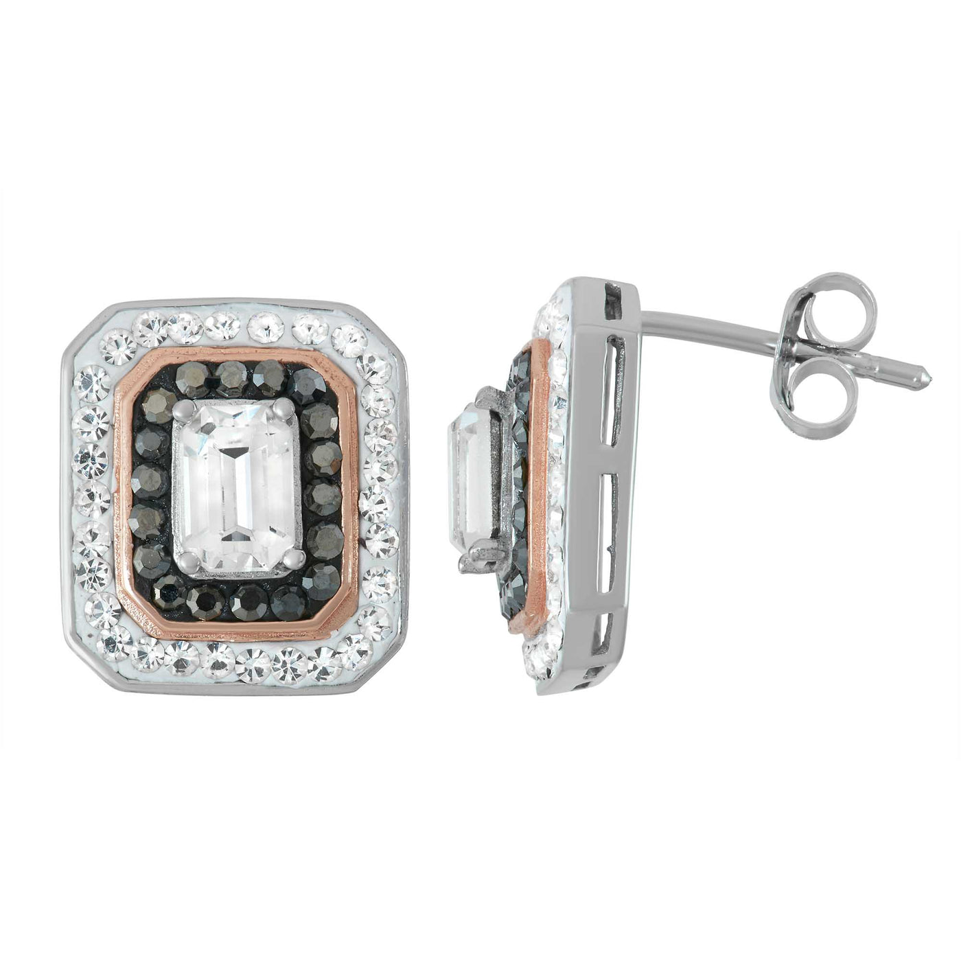 Rebecca Sloane Rose Gold Silver Square Two-Tone Crystal Earrings