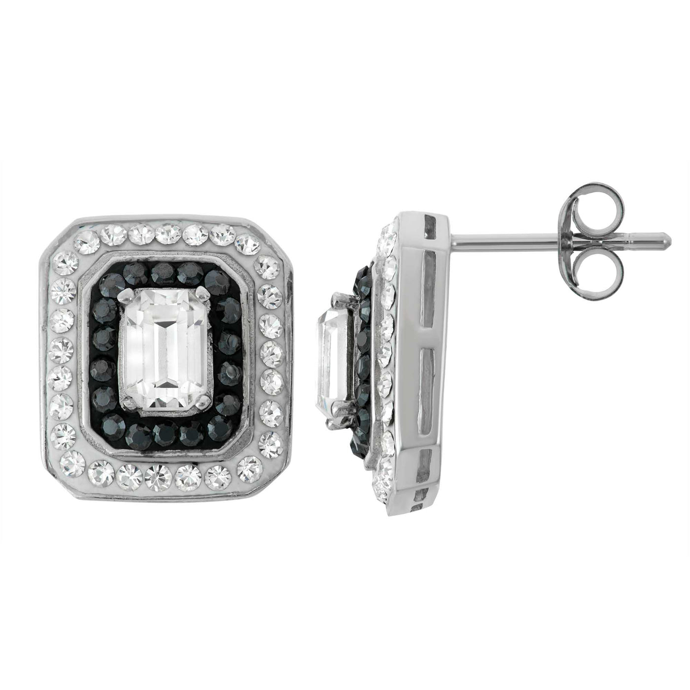 Sterling Silver Square Earring With Jet Hematite And Clear Crystal Elements