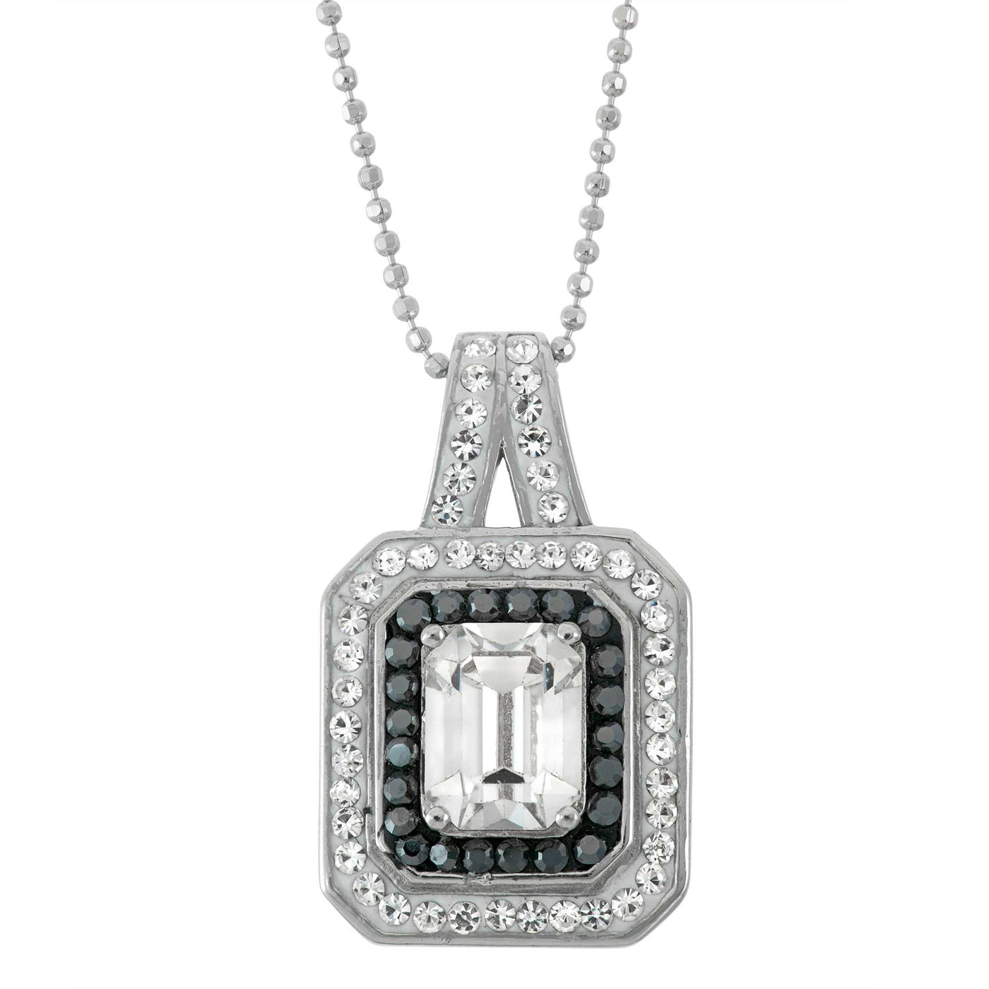 Sterling Silver Square Pendant Necklace With Jet Hematite And Clear Crystal Elements