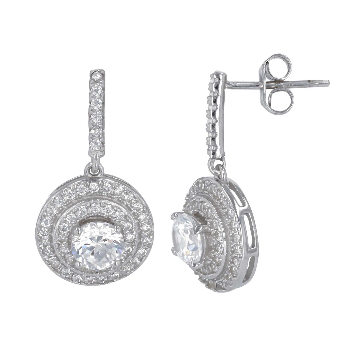 Rebecca Sloane Silver Double Halo With Center CZ Dangle Earrings