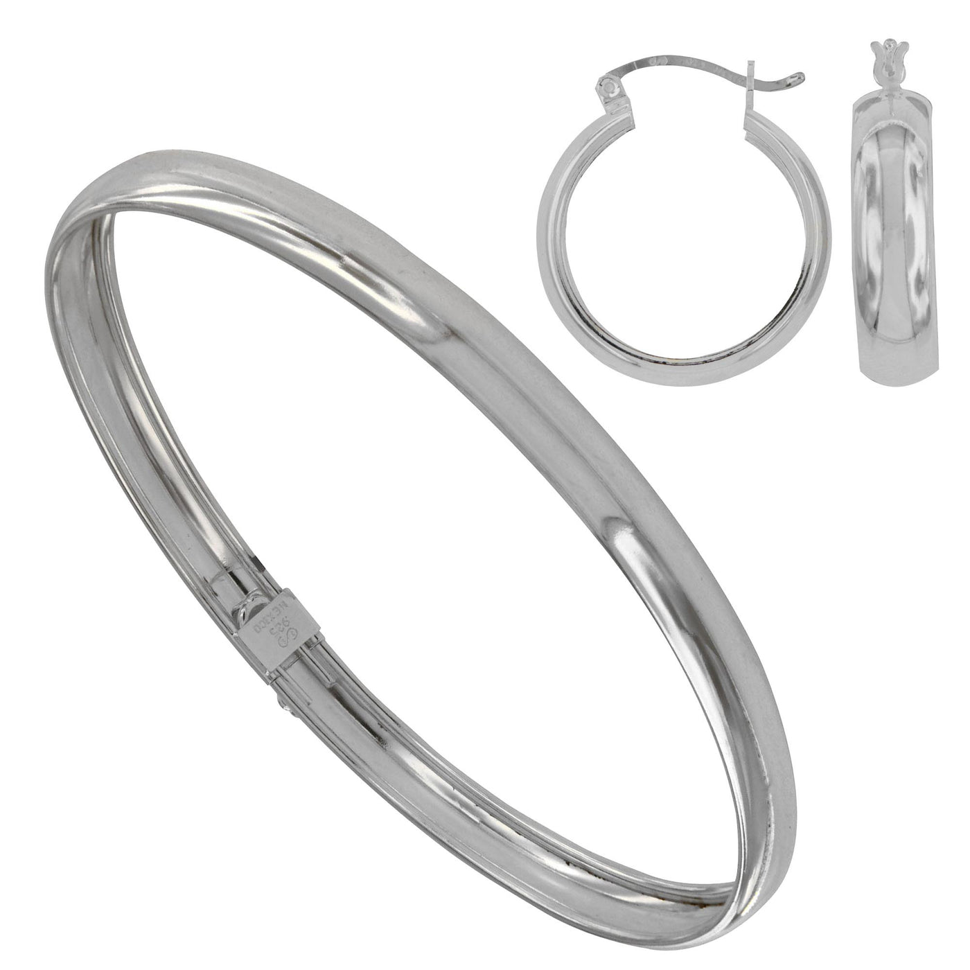 Sterling Silver Sheeting Polished 6mm Bangle And 6X20mm Earring Set