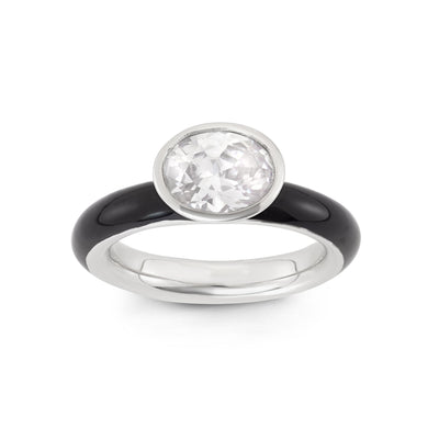 Rebecca Sloane Silver Ring With Black Lacquer and White Oval CZ