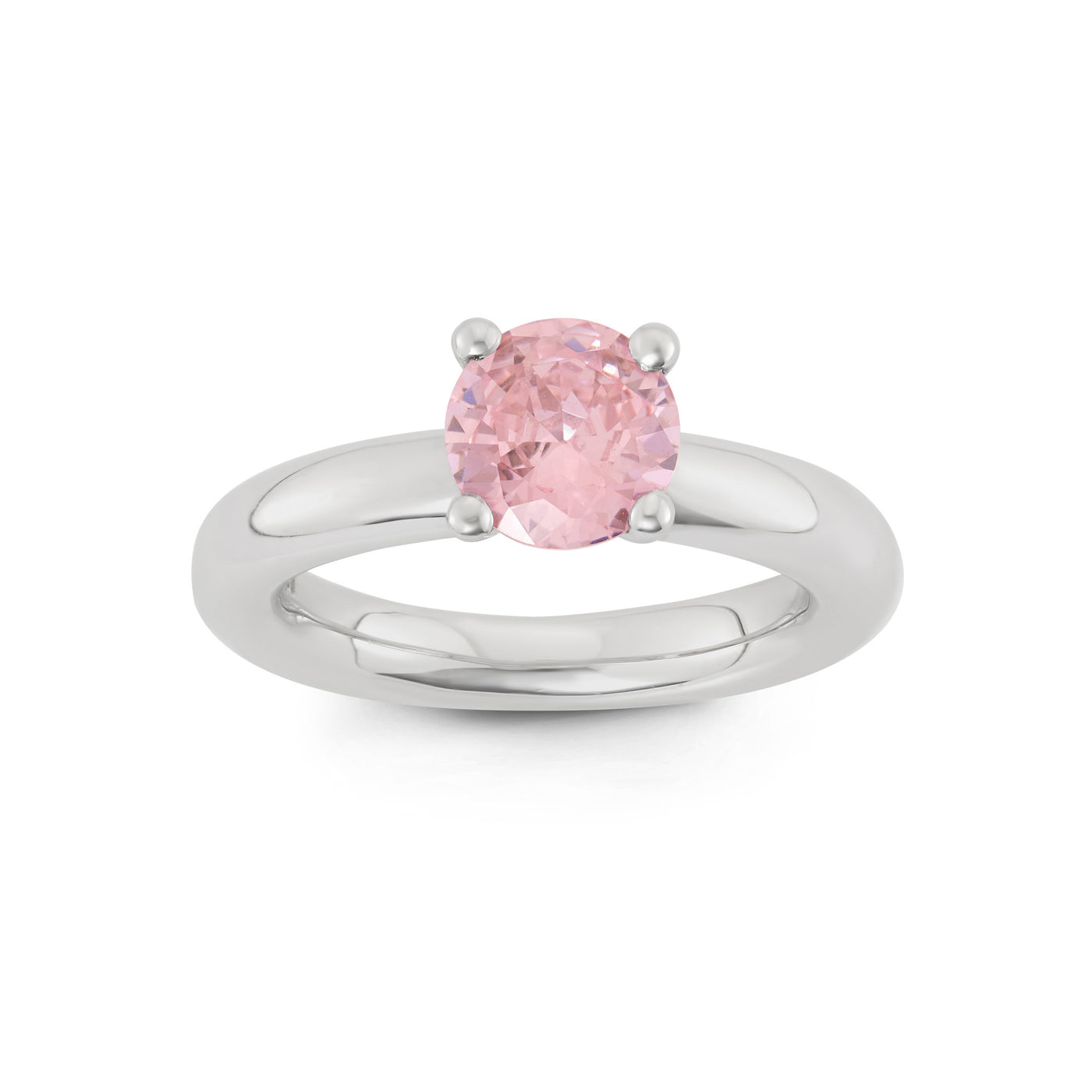 Rebecca Sloane Silver Ring With Facet Pink Round CZ Center Stone